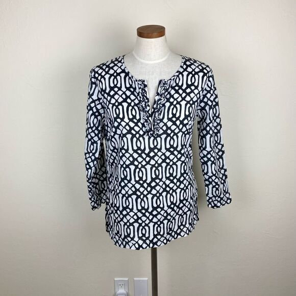 J. McLaughlin Geometric Ruffle-Neck Blouse - Black & White - Picture 1 of 6
